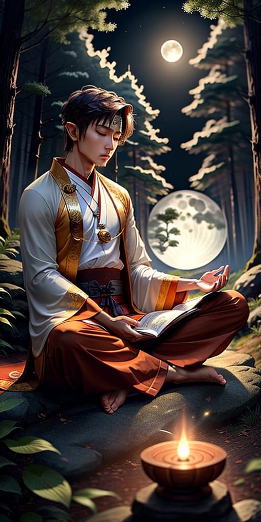 Male Wood Elf, Wudang Monk, Wearing A Buddhist Robe, Wearing A Yin And Yang Necklace, Short Brown Hair, Meditating, At Full Moon In A Forest,