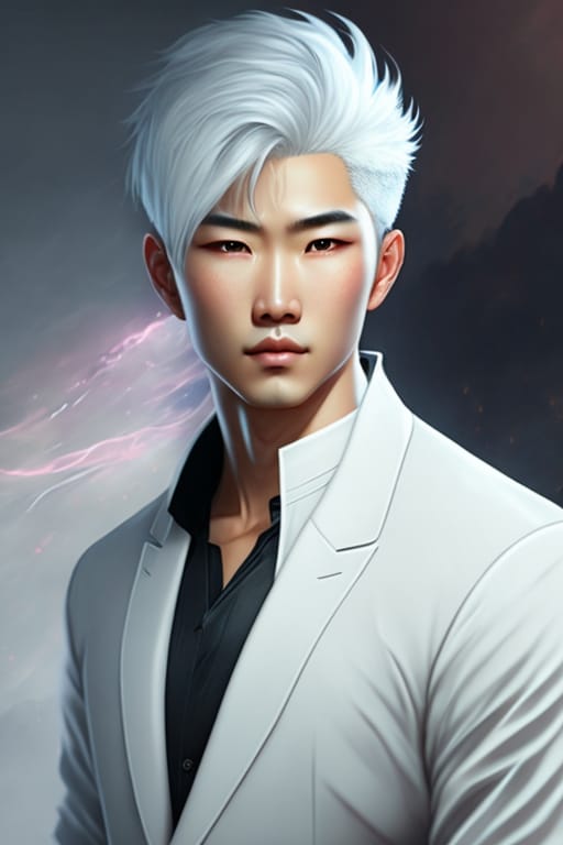 Realistic-anime Style, Cute Asian Young Man, Medium White Hair, Asian Black Eyes, Black Mock Neck, Semi-realistic, Extremely Delicate, Insanely Detailed, H...