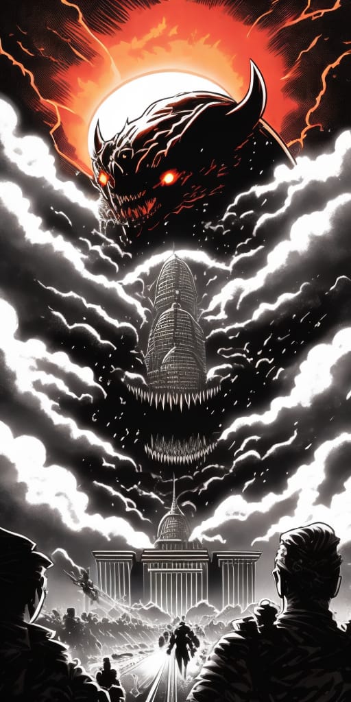 Dark, Dismal, Comic Book Art Style Image, Reptilian Monster With Five Heads Destroying A City, Nuclear Explosion In Background, People Running Away In Terr...