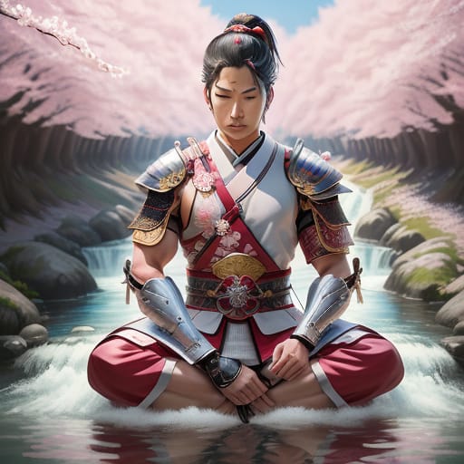 Pop Art Style Poster Of A Japanese Warrior Meditating Under A Blooming Cherry Blossom Tree With A Flowing River In The Background. The Warrior Will Be Dres...