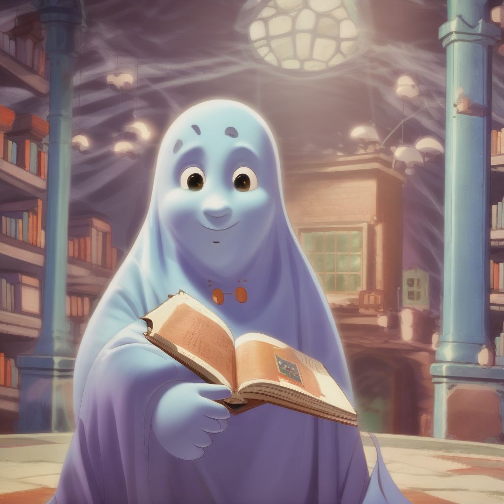 Animierter Freundlicher Blauer Geist Mit Einem Buch In Der Hand