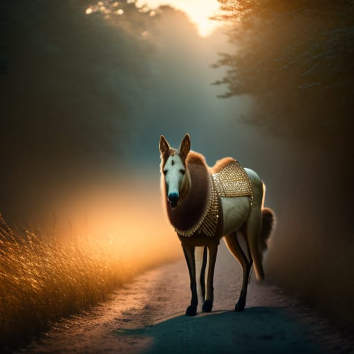 A Robot Dog On Top Of A Horse With A Saddle, Riding Towards The Horizon, On Night With A Shield With A Woman Walking, Portrait, Photograph, Depth Of Field....