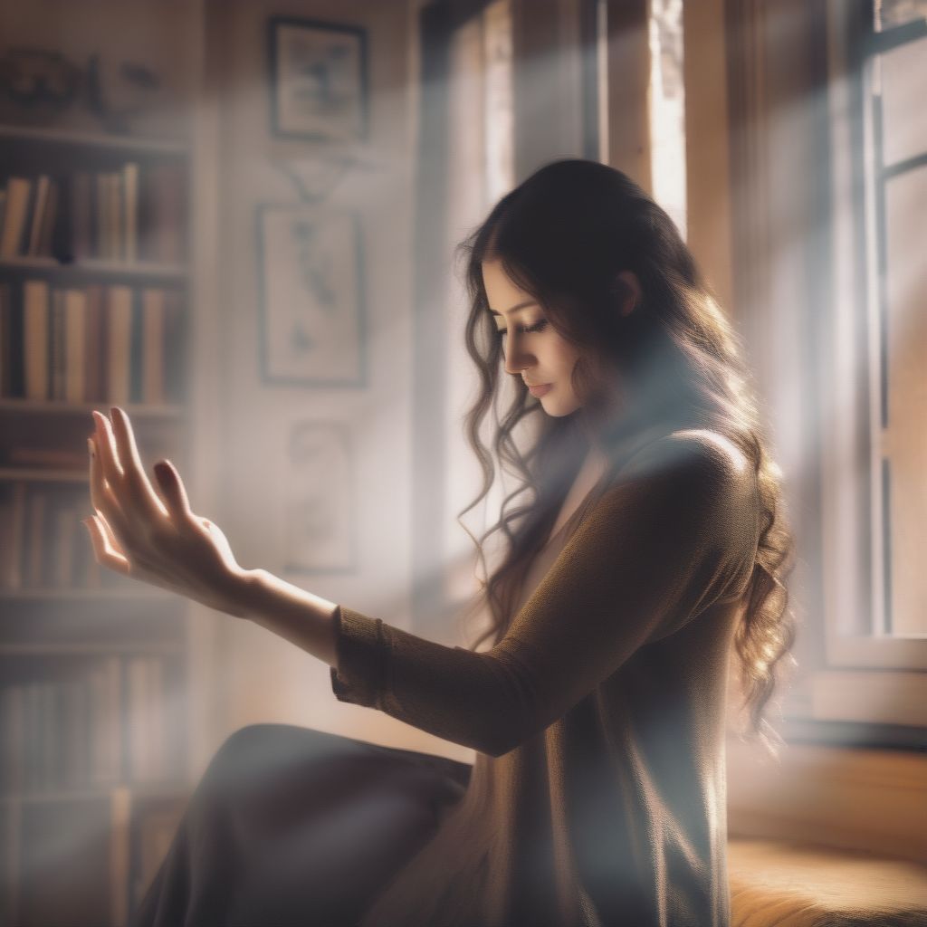 A Woman Siting In A Warm Home Reading A Book Unaware That There Is A Dark Evil Faceless Spirit Behind Her Reaching Out To Grab Her Shoulder The Spirt Is Al...