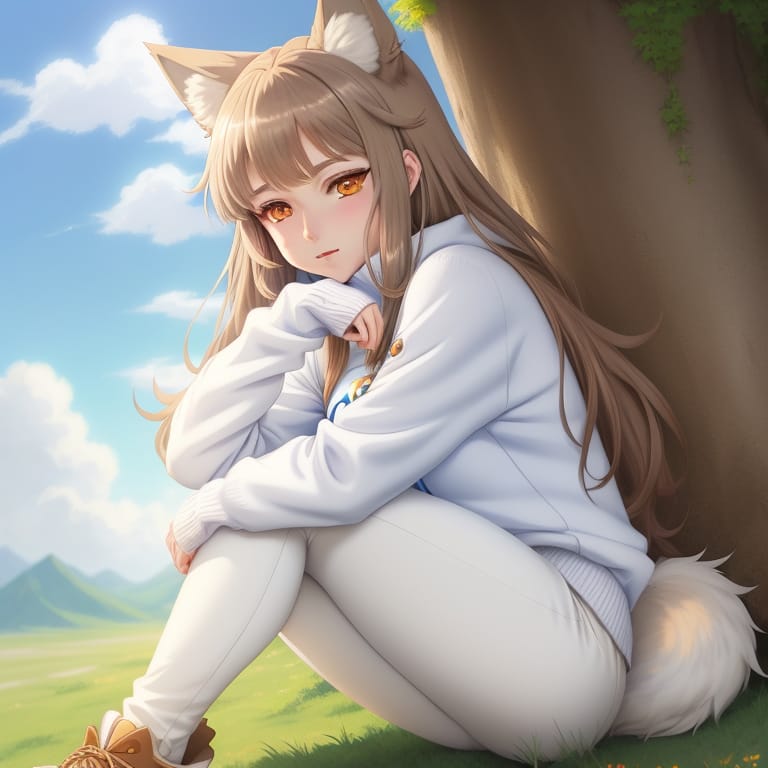 Wolf Girl, Brown Hair, White Wolf Ears, White Wolf Tail, Blue Sweater, Blue Pants, White Wolf Paws, Background Grassland, Shy Look, Blue Eyes, Anime Style,...