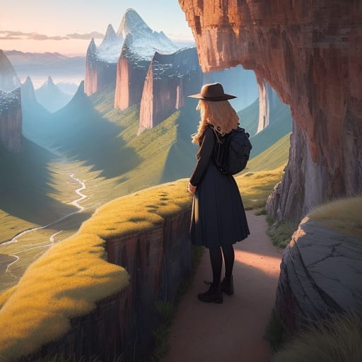 "I'd Like To Generate An Illustration Prominently Featuring A Young Girl Within A Landscape Of Vast Terrains, Mountains, And Rocky Formations. Please Creat...
