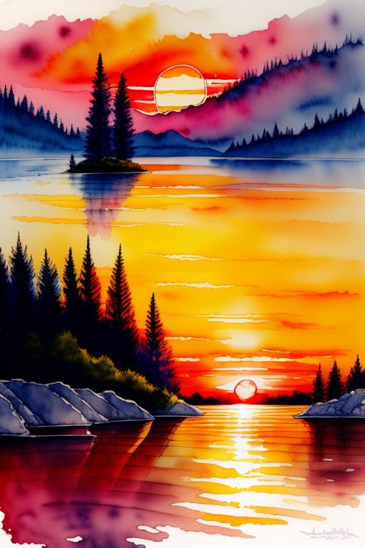The Sun Rising On The River,Red Sun, Red Sky, Yellow & Blue Clouds,the River Where The Sun Reflects,Refreshing Atmosphere, Silence, Silence, Hope,watercolo...