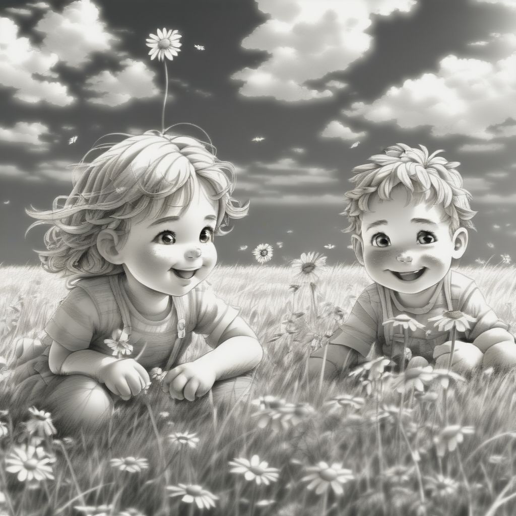 Pencil Drawing For A Simple Children's Picture Book. 3 Children Playing In A Field, 2 Boys 1 Girl. The Field Has Flowers And Grass. The Sun Is Shining. One...