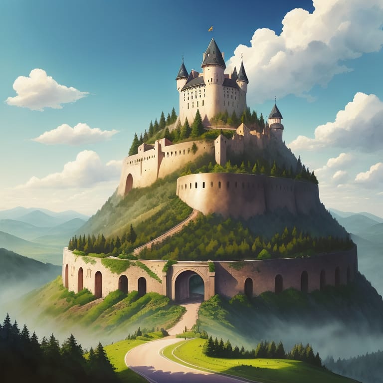Fortress On Top Of A Hill, Europe, A Road Winds Up The Hill, Surrounded By A Forest, Watercolor, Mysterious, Semirealistic