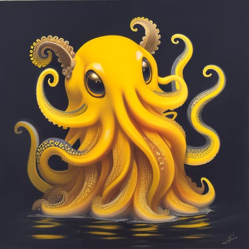 One Realistic Yellow Octopus With 8 Tentacles On A Navy Blue And Black Background