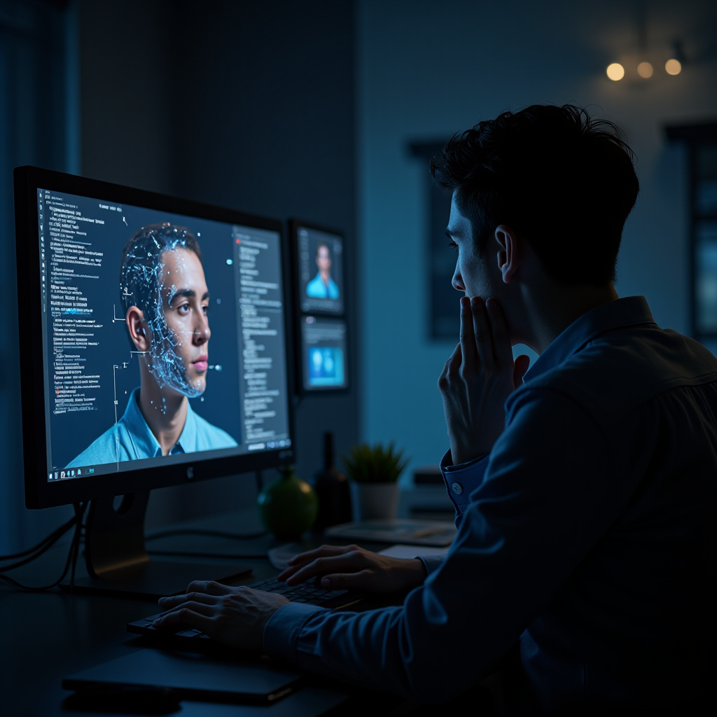Frustrated designer looking at a fake-looking AI image on screen in a creative workspace