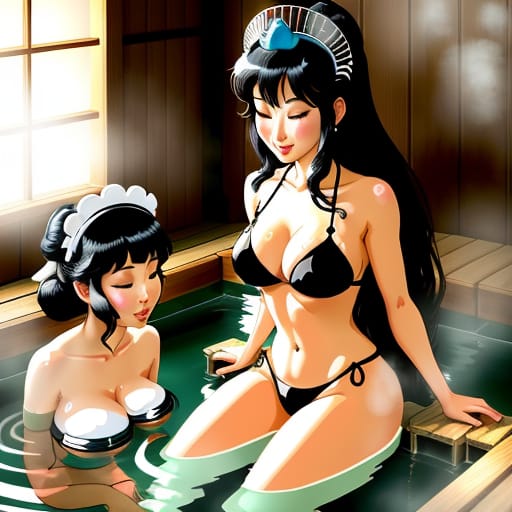 Adventures Cartoon Of Of A Japanese Princess Taking A Bath With Maids In A Sauna, In Disney Cartoon Style , Inked In Black,, Semirealistic