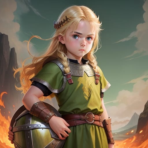 Book Cover, Strong Viking Child, Green Dress, Blond Hair, Green Eyes, No Helmet, Barefeat, Cute