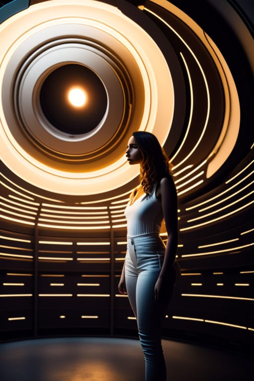 In A Technologically Advanced Chamber, Surrounded By A Tangle Of Mechanical Structures And Cords, Sits A Young Woman. The Young Woman Is See-through Top. T...