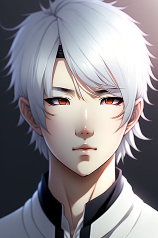 Realistic-anime Style, Cute Asian Young Man, Medium White Hair, Asian Black Eyes, Black Mock Neck, Semi-realistic, Extremely Delicate, Insanely Detailed, H...