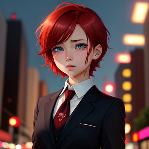 Anime Girl Short Red Hair Light Blue Eyes Black Suit And Tie Crying City Backround Demon Hugging Her