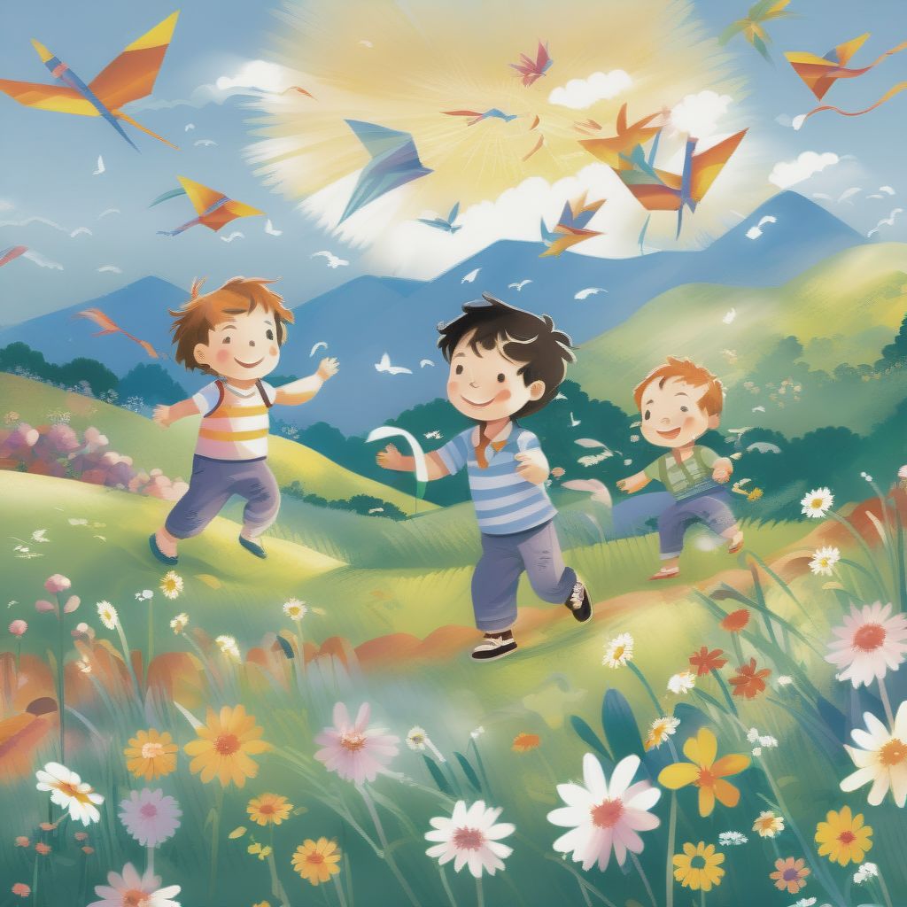 Painted Style Illustration For A Simple Children's Picture Book. Not Many Details 3 Children Playing In A Field, 2 Boys 1 Girl. The Field Has Flowers And G...