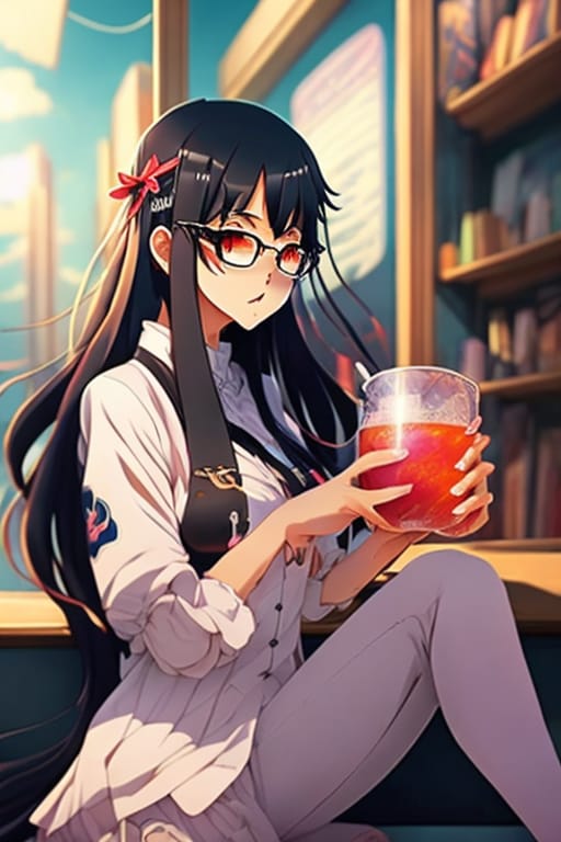 Anime Girl With Black Hair And Glasses Holding Drink And Cat, Anime Visual Of A Cute Girl, Guviz, Animeaesthetic, Anime Moe Art Style, A Beautiful Anime Po...