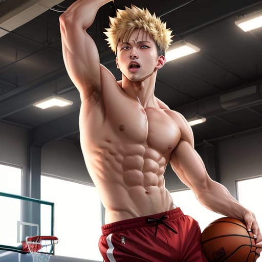 Anime Rendering Of Shirtless Bakugo Katsuki Playing Basketball And Doing A Slam Dunk