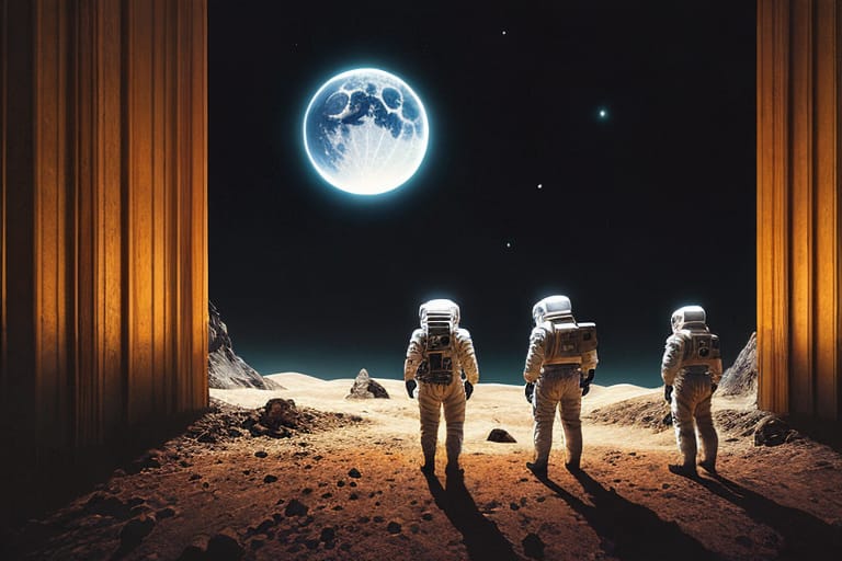 Scifi Astronauts Silhouetted, Standing On An Alien Moon Ridge Looking Out At The Universe, Scifi, Futuristic, Inspiring, Heroic, Dramatic Lighting, High Co...