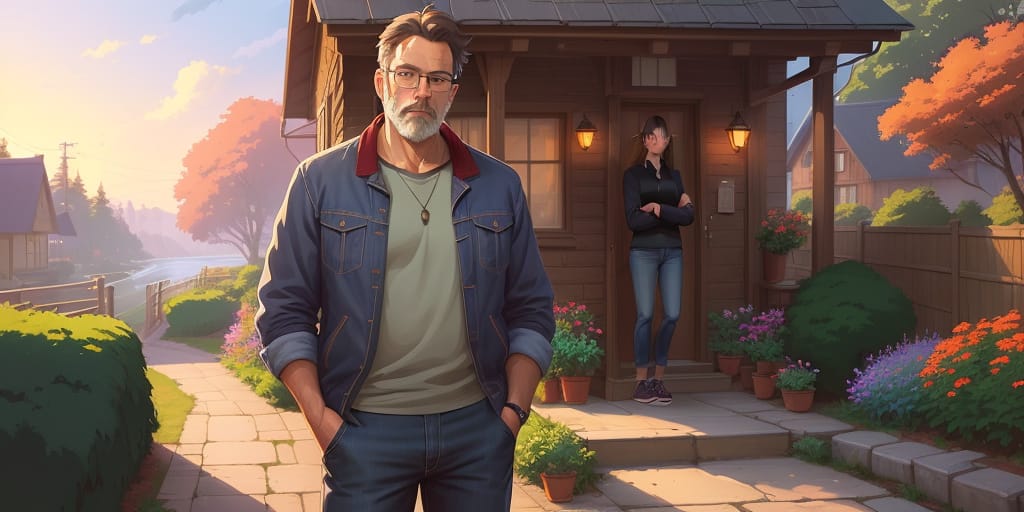 Sex: MaleAge: 40 Years OldAppearance: Medium Build, Wearing Glasses, Gray Beard, Plain Shirt And Jeans.standing Up Position,. A Digital Painting, By Alena...