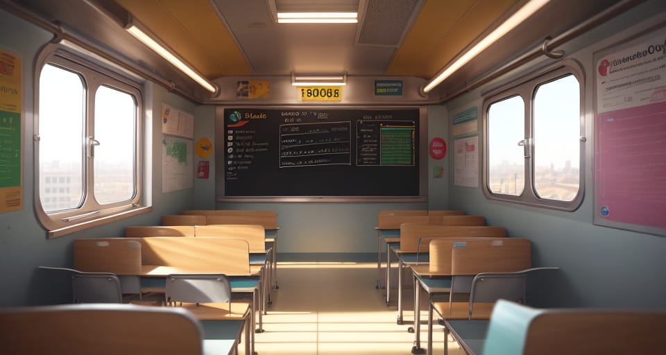 Class Room, Semi Realistic, Cartoon, Holgram Board, Windows, Exterior Subway Outside, Technologic Room, Large Point Of View