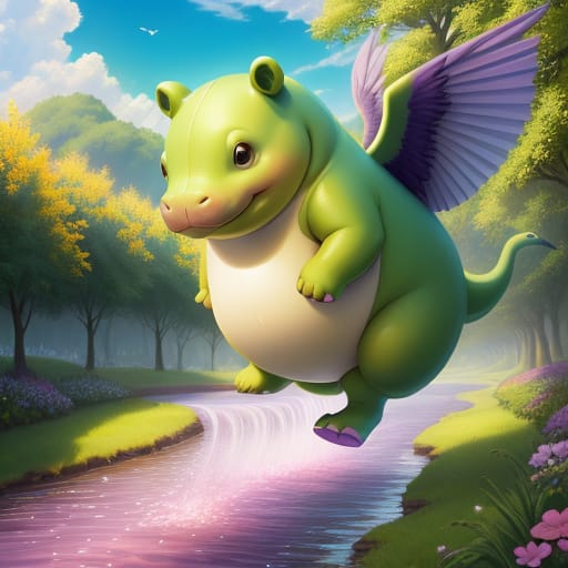 Imaginary Fantasia Flying Hippo-like Beast With Hippo-like Arms And Hands, Cupid Wings, In Mo Willems Style Surreal And Unrealistic Bright Green Body, Yell...
