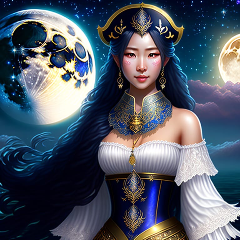 High Quality, 8K Ultra HD, Highly Detailed, Meet The Moonlit Pirate Maiden, A Mesmerizing 20-year-old Girl With An Ethereal Beauty That Rivals The Stars. S...