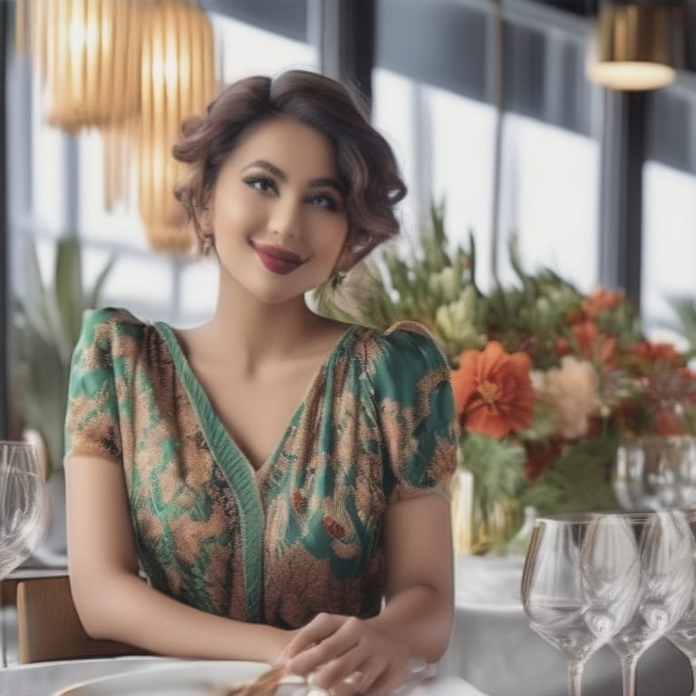 A Beautiful Woman Is Having A Meal, Delicious Cuisine, Elegant Dining Setting, Captivating Expressions, Vibrant Colors, Stylish Tableware, Ambient Lighting...
