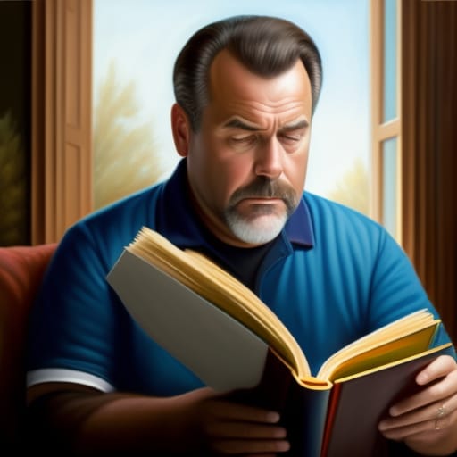 Realistic Painting, Middle Aged Man Reading A Book, Surprised Look In His Face,