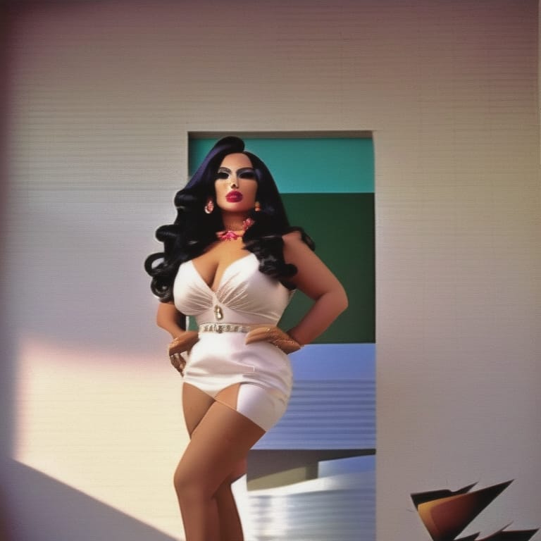 38-year-old Mexican Transvestite, In High Heels, With Large Bust And Hips, Elegant Makeup, Posing At Midday., Semirealistic