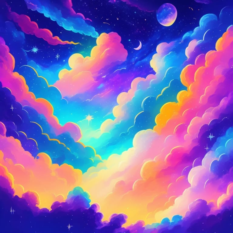 Colorful Depiction Of Dreamy Starry Sky Clouds, Vibrant Colors, Soft Lighting, Celestial Atmosphere, Wispy Clouds, High Detailed Stars, Surreal Landscape,...