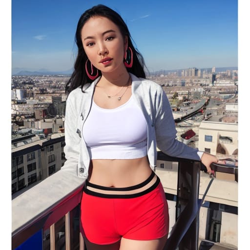 Bstract Style Thai Girl In Jeans Shorts, Midriff, Glowing Eyes , Earring Piercings, Punk, White Hair, Colorful, Very Thin, Fit, Small Breasts, Muscular, No...