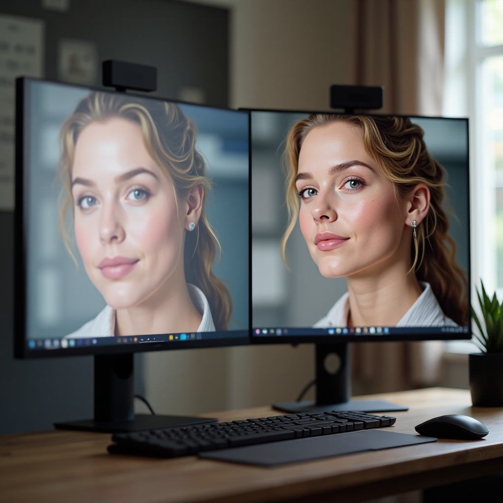 Comparison of blurry AI-generated photo versus sharp photorealistic image on a monitor