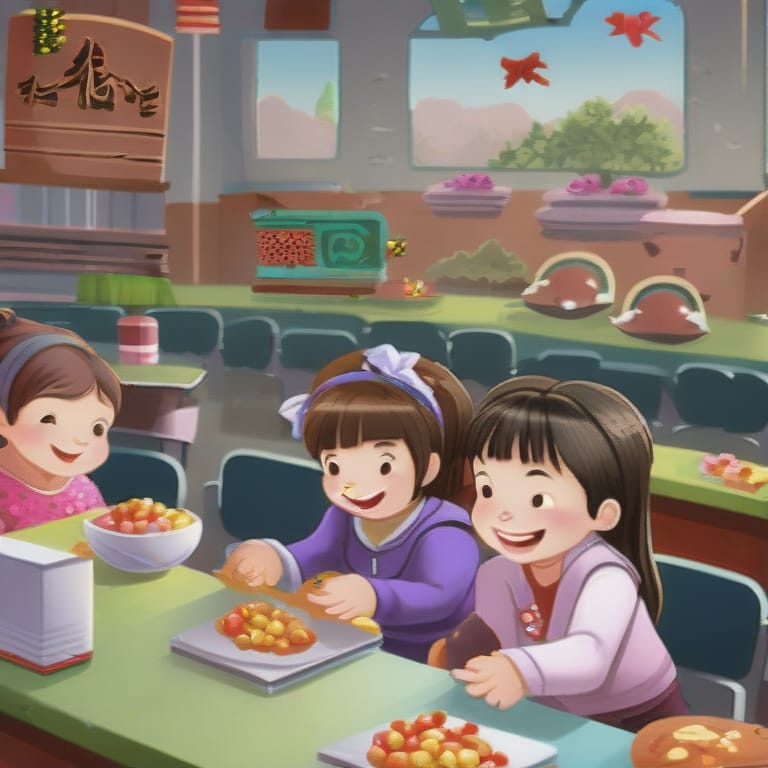 Illustrated Elementary School Classroom With Children In It Trying Different Traditional Chinese Foods. The Children Look Like They Are Enjoying The Food.,...