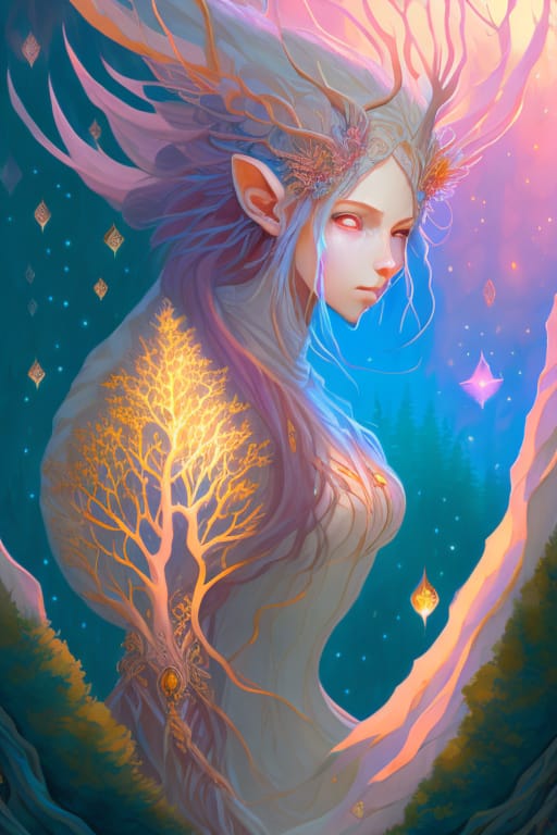 Abstract Style, Pastel Colors, Holographic Bright Stars, Spiritual Forest Creature, Sharp Focus, Hdr, Non-representational, Colors And Shapes, Expression O...