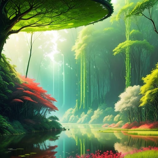 Retrofuturism Style, WONDERFUL Green AND RED BLOSSOM LANDSCAP Grass, Ecosystem, Ecology, Natural Environment, Ecological Succession, Sustainability, Freshw...