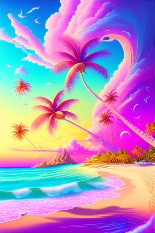 Surreal Dreamlike Tropical Beach Scene, Twilight, Pastel Waves, Palm Trees, Ethereal Atmosphere, Enchanting And Captivating, Vivid Colors, Dreamy And Surre...