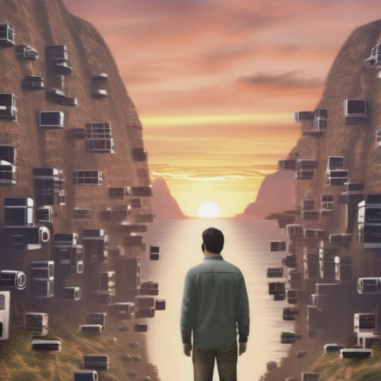 A Man Standing At The Bottom Of A Valley, Sunset, The Sides Of The Hill Are Made Of Cameras, Semirealistic