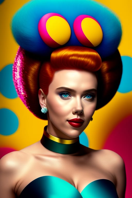 Scarlett Johansson Embodying The Iconic Character Of Marge Simpson, With Her Large Beehive Hairdo. Reminiscent Of Andy Warhol's Iconic Portraits Capturing...