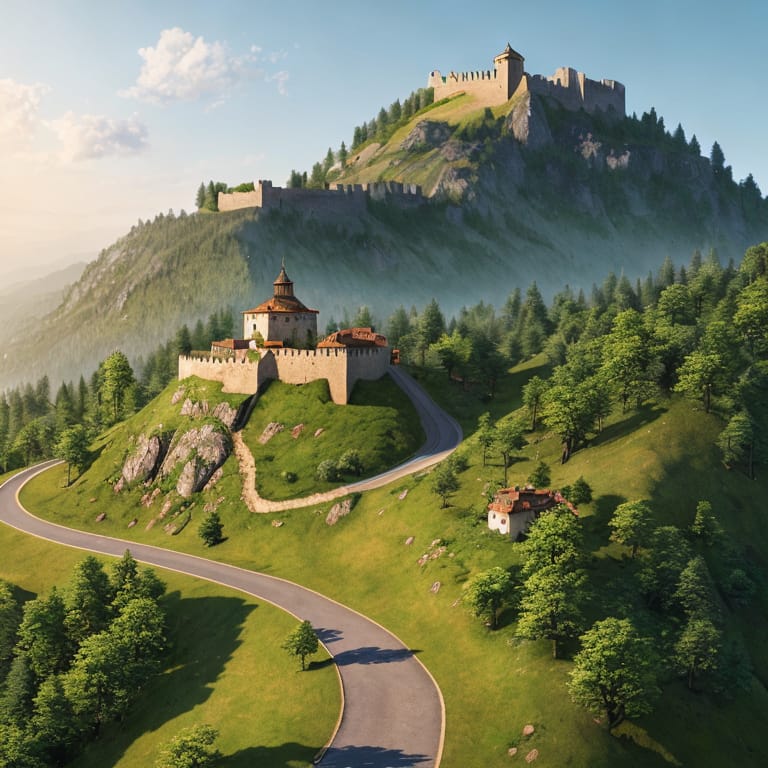Fortress On Top Of A Hill, Europe, A Road Winds Up The Hill, Surrounded By A Forest, Watercolor, Ultra Hd, Realistic, Vivid Colors, Highly Detailed, UHD Dr...