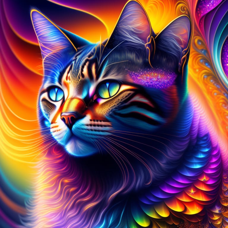 Center, Cat, Fractal Colors, Mystical, Magical, Shimmering, Swirling, Glittering, Hyper Realistic, Highly Detailed, UHD Drawing, Vivid Colors, Perfect Comp...