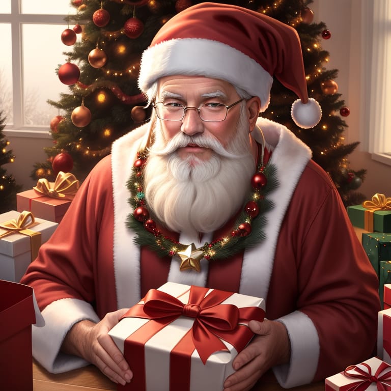 Create A Very Realistic Image Of A Santa Claus With A Decorated Christmas Tree And Gifts In The Background, 4k, Taken During Sunrise, Deep Camera Focus
