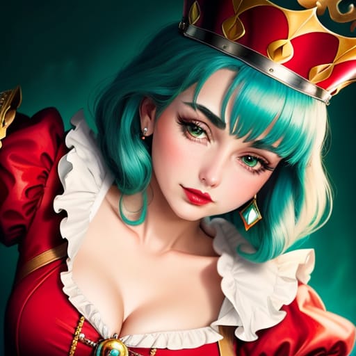 Imaginary Cartoonish, Unrealistic, Fantastic, Fantasia Style Surreal And Unrealistic Close-up Of Alice In Wonderland's Queen Of Hearts. Front-on Perspectiv...