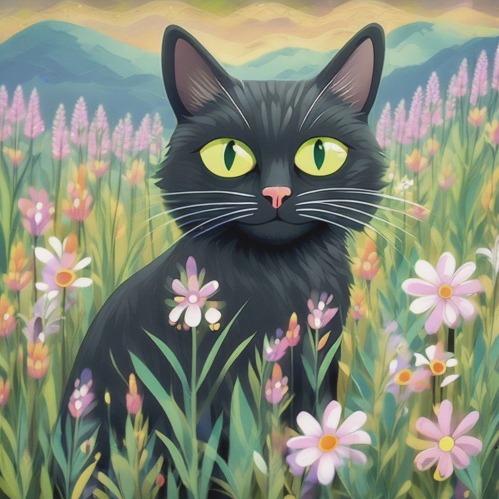 A Black Cat With Green Eyes, Sitting In A Field Of Pretty Flowers, In The Style Of Folk Art, 8k