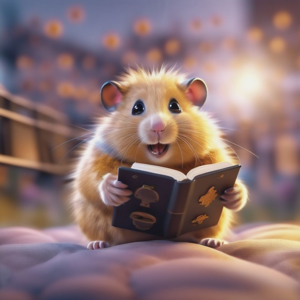 Cute Friendly Hamster Reading A Big Book, Taken During The Golden Hour, Digital Paint, By Rembrandt, 4k, Medium CloseUp, Shallow Camera Focus, Low Angle Ca...