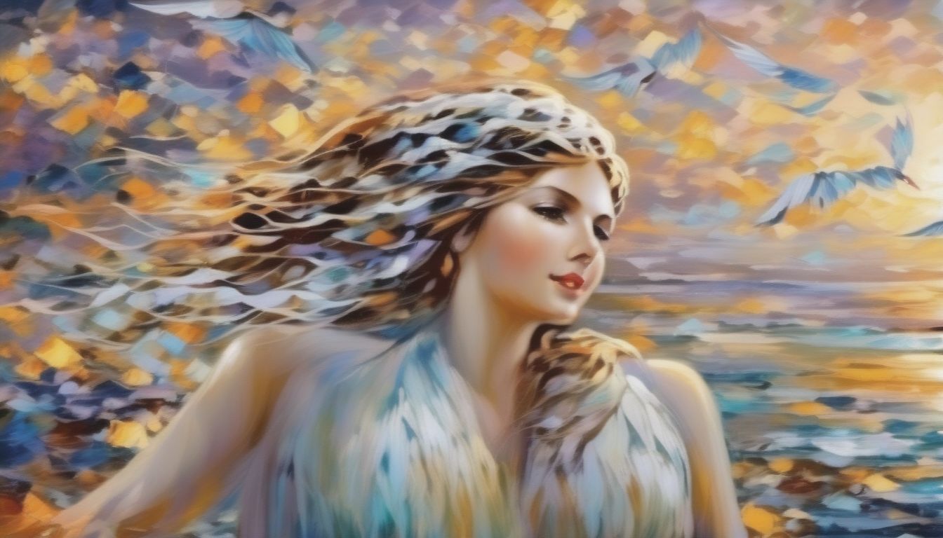 Abstract Art Goddess Girl Venus Comes Out Of The Sea Foam High Wave Against The Background Of The Rising Sun And Clouds Of Seagulls Lines MAGIC Afremov Sty...