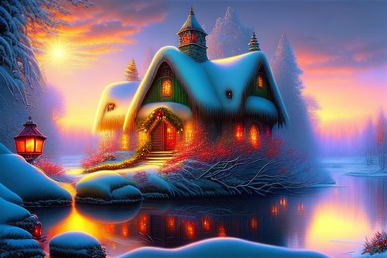Winter Landscape, Peaceful Haven, Village, Lanterns, Birds, Fairy Tales Style, Magic, Glowing, Shimmering, Children, Christmas Decor, Beauty Pure Beauty Pe...