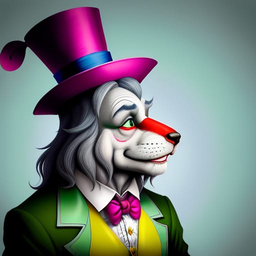 Imaginary Cartoonish, Unrealistic, Fantastic, Fantasia Style Surreal And Unrealistic Close-up Of Alice In Wonderland's Mad Hatter. The Mad Hatter Has A Gen...
