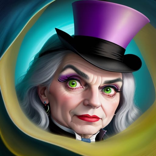 Imaginary Cartoonish, Unrealistic, Fantastic, Fantasia Style Surreal And Unrealistic Close-up Of Alice In Wonderland's Mad Hatter. The Mad Hatter Has A Wri...