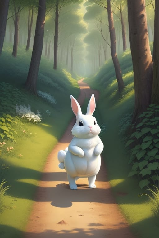 High Definition Images, Best Quality. A White Cartoon Rabbit, A Dark Green Cartoon Turtle, In A Race, Turtle, Forest, Forest Path, Grassland, Children's Il...